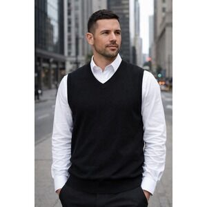 Garrett Scott Men's Black Extra Fine Merino Wool Sweater Vest V-Neck Size Large